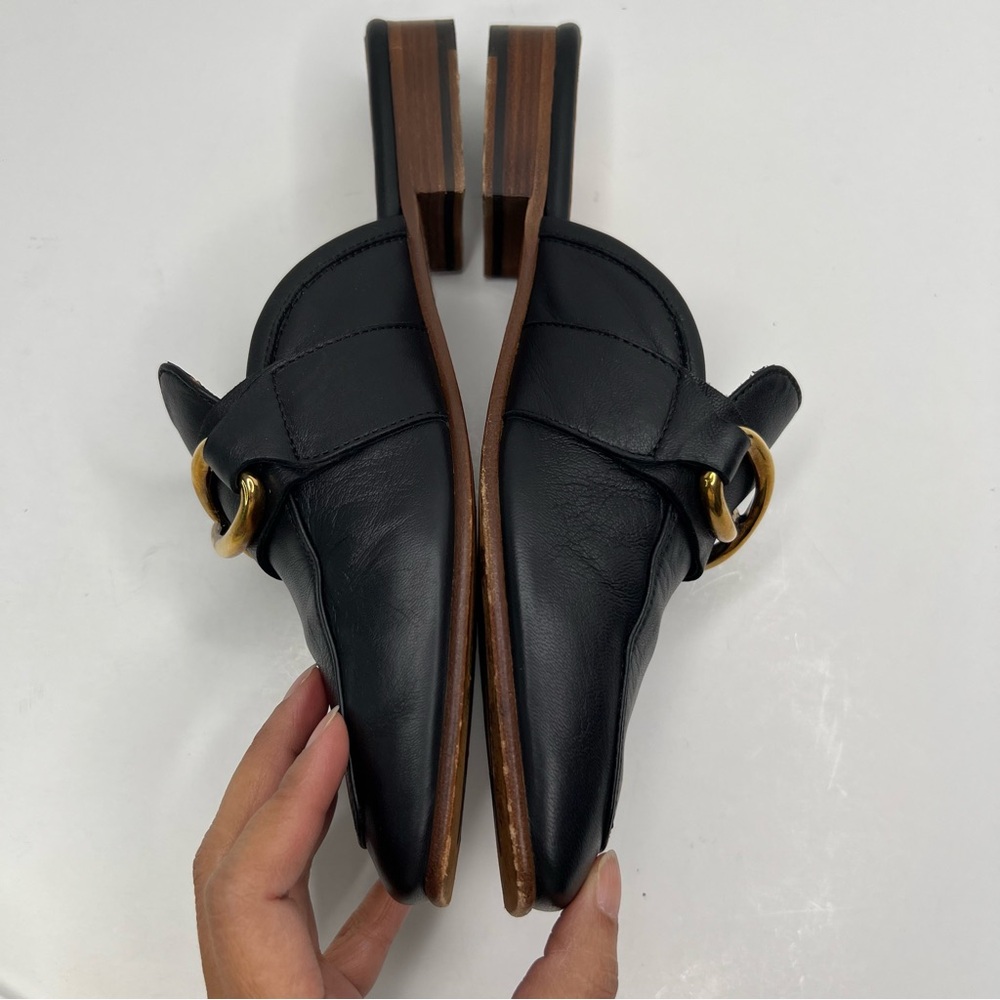 M. Gemi Black Leather Mule Slides with Gold Chain Accent - Picture 7 of 15